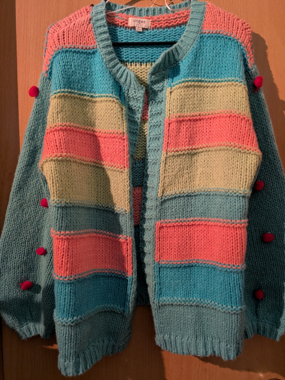 Umgee Colorblock Knit Cardigan in Teal, Coral Pink & Cream